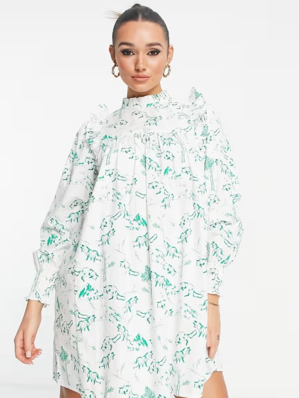 ASOS Envii Encork Long Sleeve Foxy Fox Green & White Mini Smock Baby Doll Dress